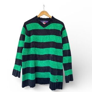 Vintage 90s Tommy Hilfiger Chenille Knit Sweater M Green Black Striped Grunge